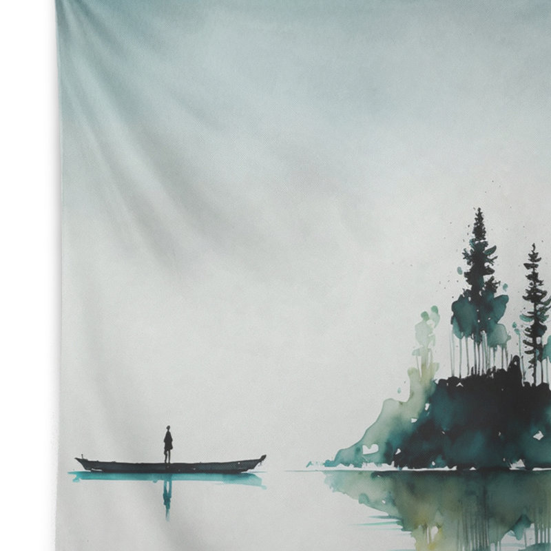 Petit bateau près de l'île de Moss - tapisserie murale paysage forêt, H 32 po x l 39 po