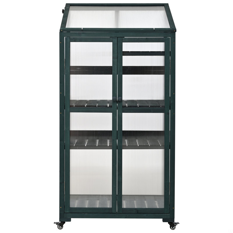 Height Wood Large Greenhouse Balcony Portable Cold Frame With Wheels And Adjustable Shelves, Green