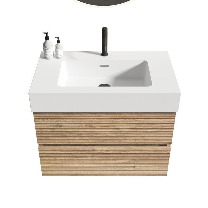 Meuble-lavabo mural flottant, aspect chêne, fonctionnement silencieux des tiroirs, panneaux E1, ensemble d'une pièce de style Mid-Century à bassin blanc Mid-Century, tiroirs doubles, matériaux de qualité
