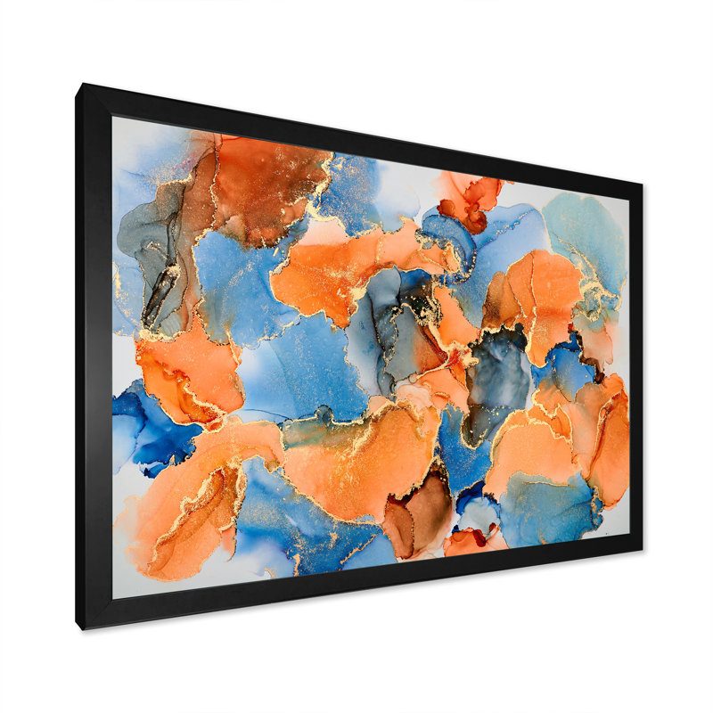«Blue and Brown Luxury Abstract Fluid VII», peinture sur toile, H 34 po x l 44 po x P 1,5 po, Cadre photo noir