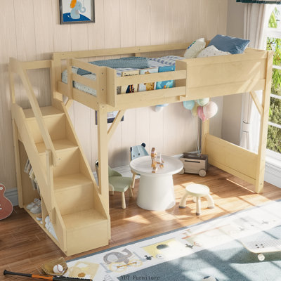 Full Size Solid Wood Loft Bed with Built-in Wardrobe | Storage Space, Side Shelves, Full-Length Guardrails & Stairs, No Box Spring Needed, Gray