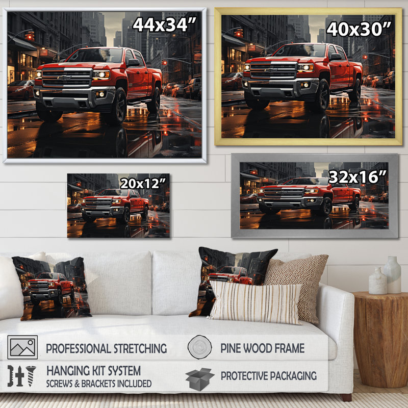 Red Pickup Truck Cityscape Hauler II - Transportation Canvas Art Print, H 30 po x l 40 po x P 1,5 po, Cadre flottant blanc