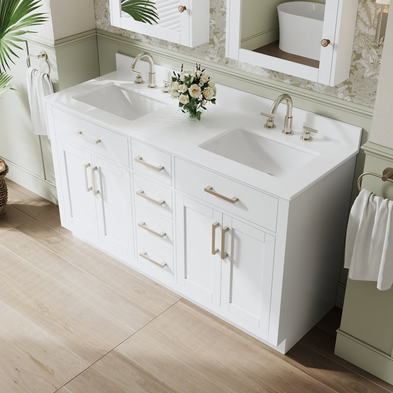 Meuble-lavabo autoportant en bois massif l 60 po x H 35 po avec comptoir en marbre de culture blanc et double lavabo en céramique, blanc