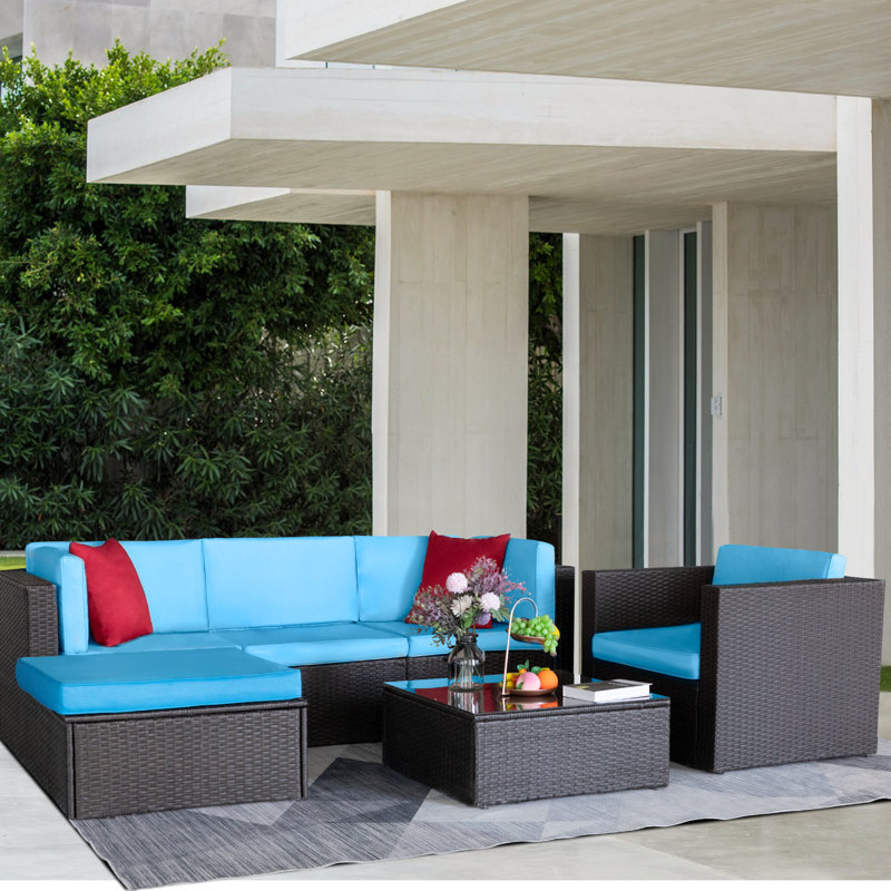 Ollison 5 - Person Patio Conversation Set with Cushions, Blue/Red