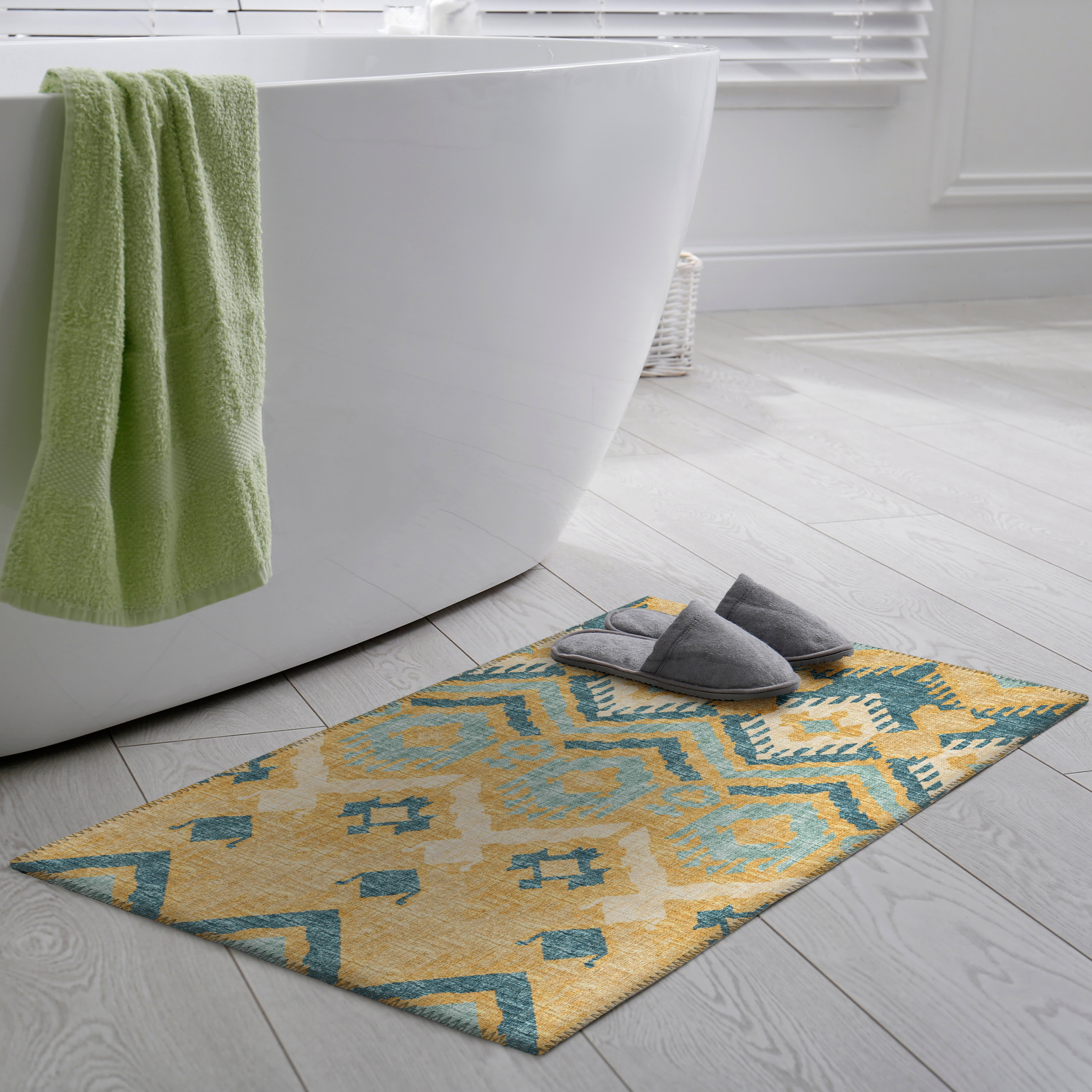 Gray and Yellow Floral Ikat Bath Mat