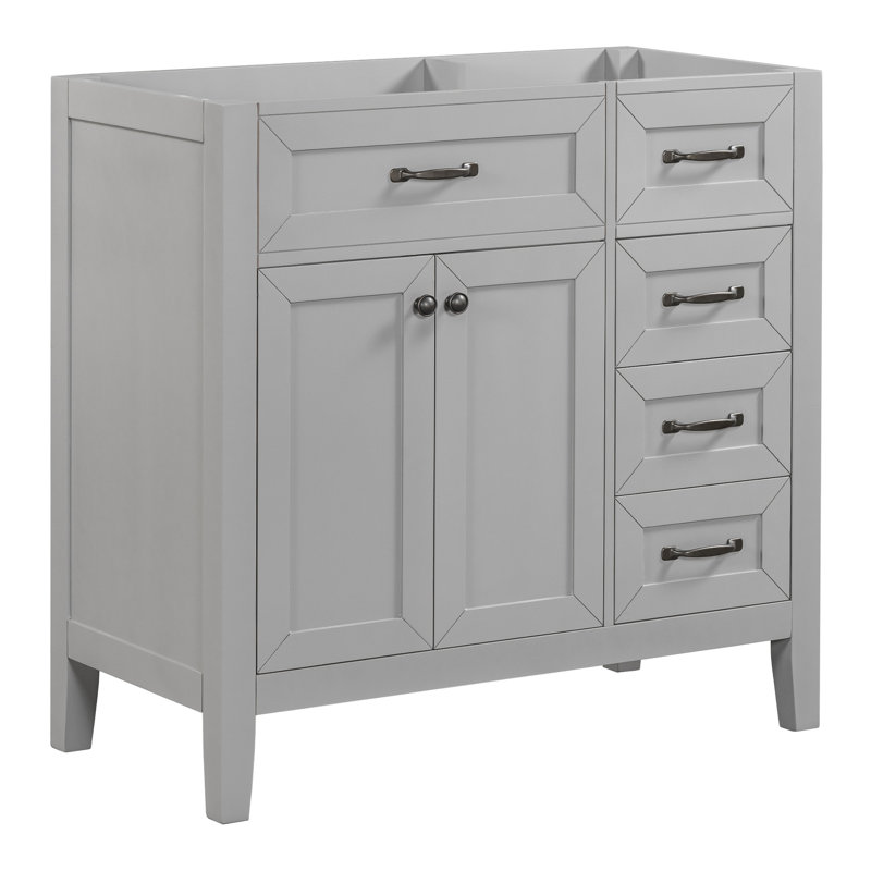 Base de meuble-lavabo 36 po en gris. Armoire à tiroirs moderne. Bois d'hévéa massif et autoportant. Armoire grise à assembler - Boîte à tiroirs autoportante