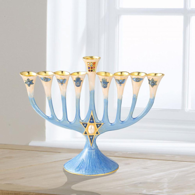 Ensemble de célébration de Hanoukka - candélabre de la menorah en émail peint à la main avec motif de l'étoile de David et 2 quilles de tourniquets peints à la main par Matashi