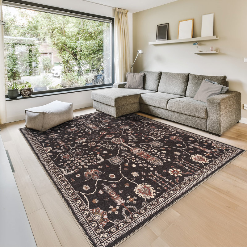 GLN Rugs Traditional Collection - Machine Washable Area Rug, Bohemian Vintage Washable Rug, Non Slip Area Rug, Low Pile Chenille Living Room Rug, Bedroom Rug, Bathroom Rug (Black Rug)