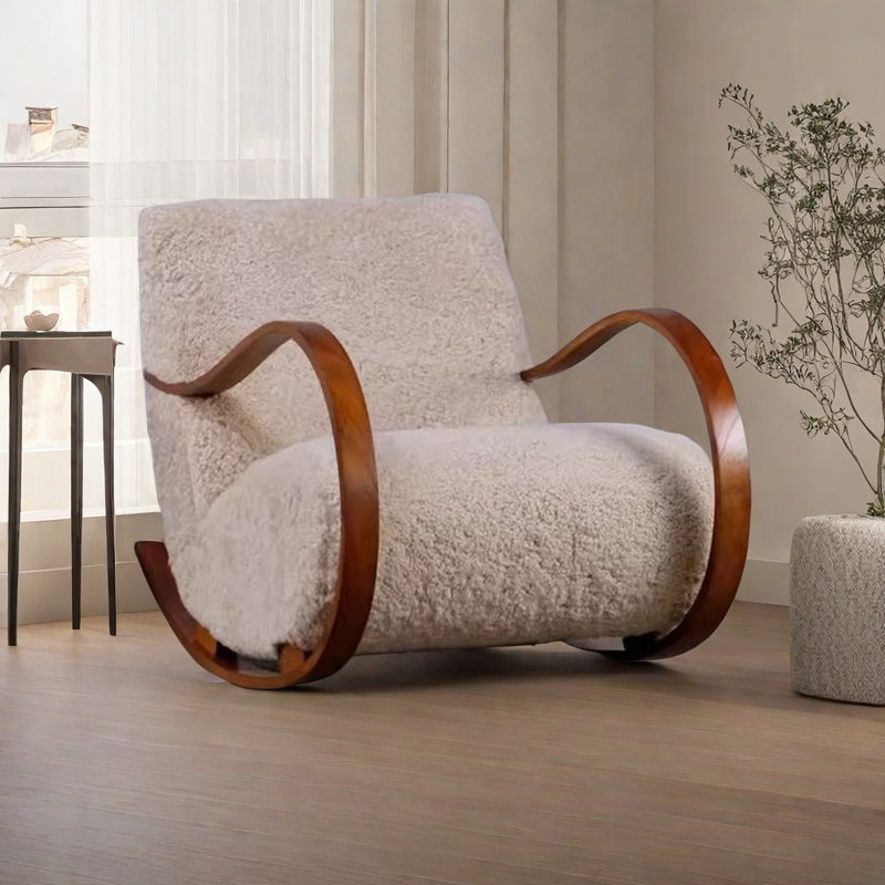 Chaise berçante en bois massif rétro français, Blanc cassé / brun foncé