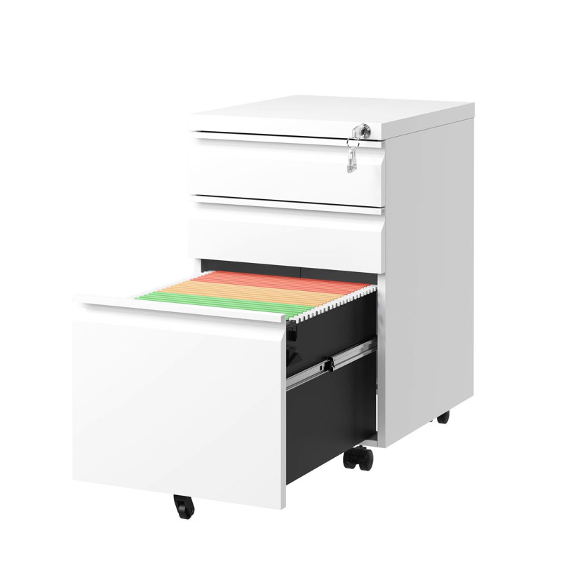White 3 Drawer Filing Cabinet With Lock For Office. Fully Assembled Metal Unit. Accommodates Letters/Legal/A4. Secure File Keeping. Drawers Have Removable Pencil Tray. Effortless Mobility On 5