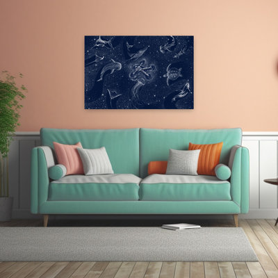 Rêve cosmique océanique, art mural abstrait surréaliste contemporain représentant une raie, un aigle et un poisson dans un paysage naturel