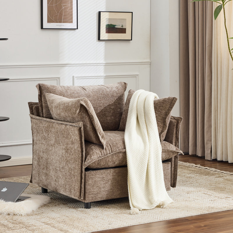 Chenille Upholstered Skirted Arm Chair Accent Chair  With Thin Arms For Living Room, Khaki