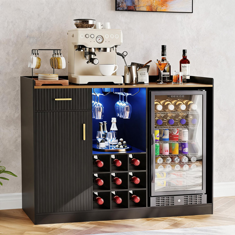 Armoire à café avec réfrigérateur, armoire à vin cannelée avec porte-verre, prise de courant et lumière DEL, buffet avec rangement pour bar, cuisine, salon