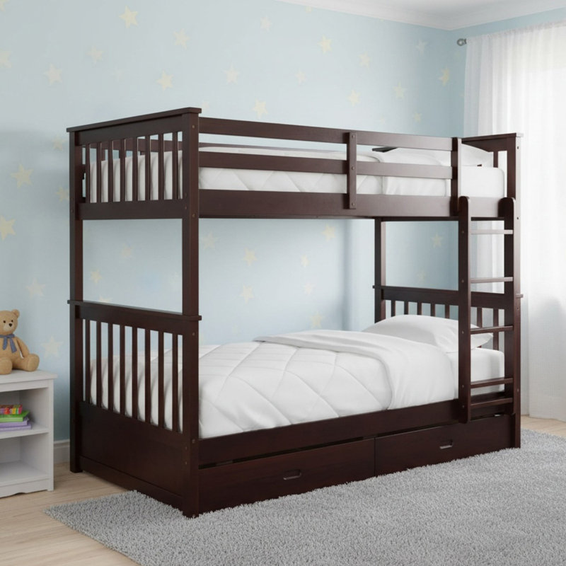 Lit superposé simple au-dessus de simple en bois massif avec échelles et 2 tiroirs de rangement pour garçons et filles