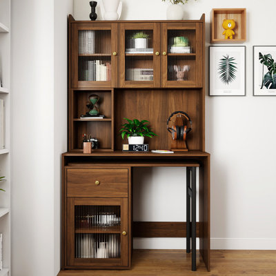 Computer Desk With For Home Office Or Study Desk,  Bookshelf & Hutch, Computer Desk With 90 Degree Rotating Desktop,Large Working Space by Latitude Run
