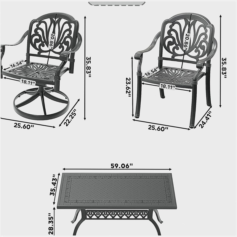 7-Piece All-Weather Cast Aluminum Dining Set, Include 2 Swivel Chairs,4 Dining Chairs and Rectangular Table With Black Frame