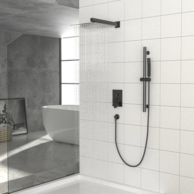 Wall Mounted 12 Inch Square Shower Brushed Nickel - Adjustable Slide Bar, -Balanced Valve & Handheld Feature In Component