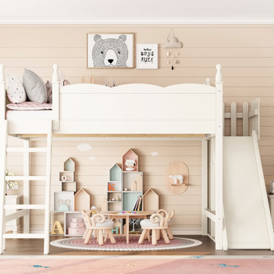 Grand lit mezzanine en bois massif beige avec rangement, garde-robe, glissade amovible, boîte sans sommier, rangement polyvalent sous le comptoir et conception facile à assembler