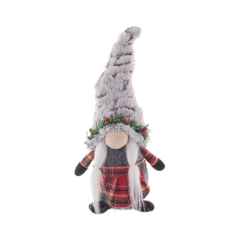Gnome de maman debout en tissu gris / rouge avec des nattes