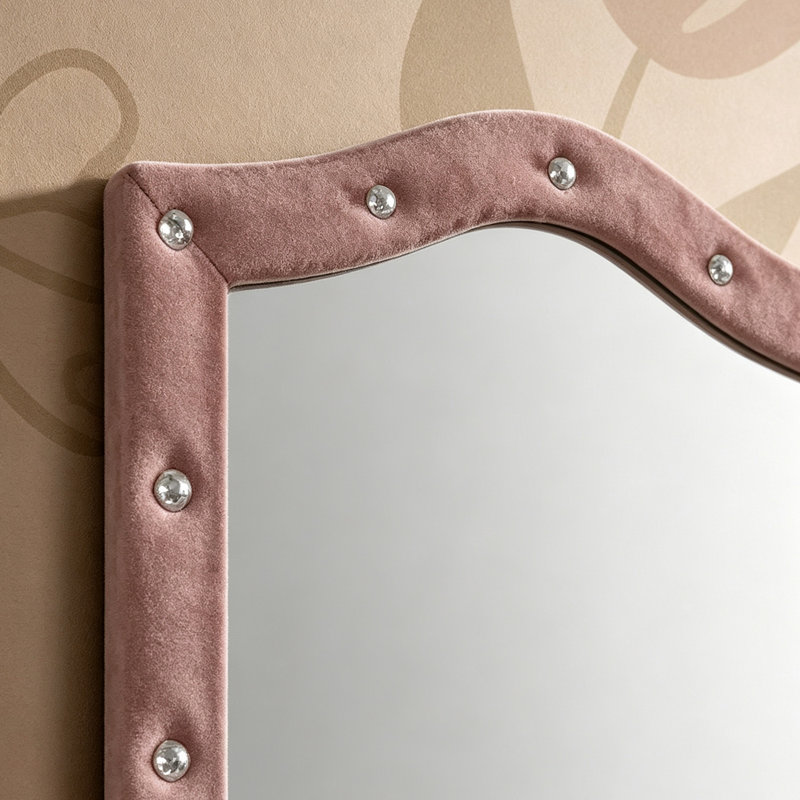Miroir de coiffeuse de 76 cm (30 pouces) recouvert de velours rose et orné de strass, style vintage glamour.