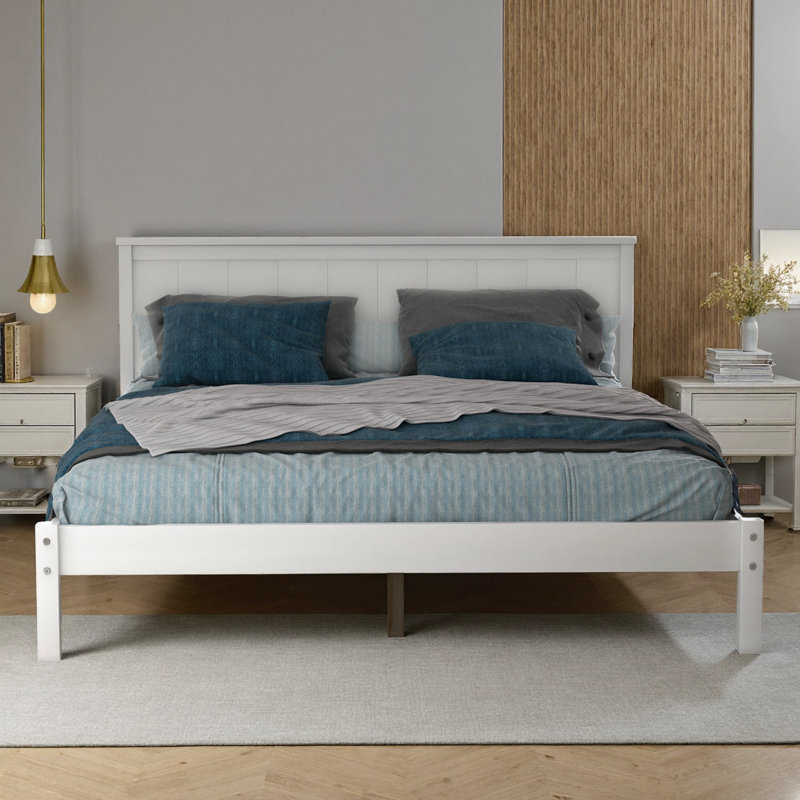 Structure de lit plateforme double avec tête de lit - Bois de pin blanc et panneau de fibres à densité moyenne, sans sommier tapissier, 79,5 po x 57,2 po