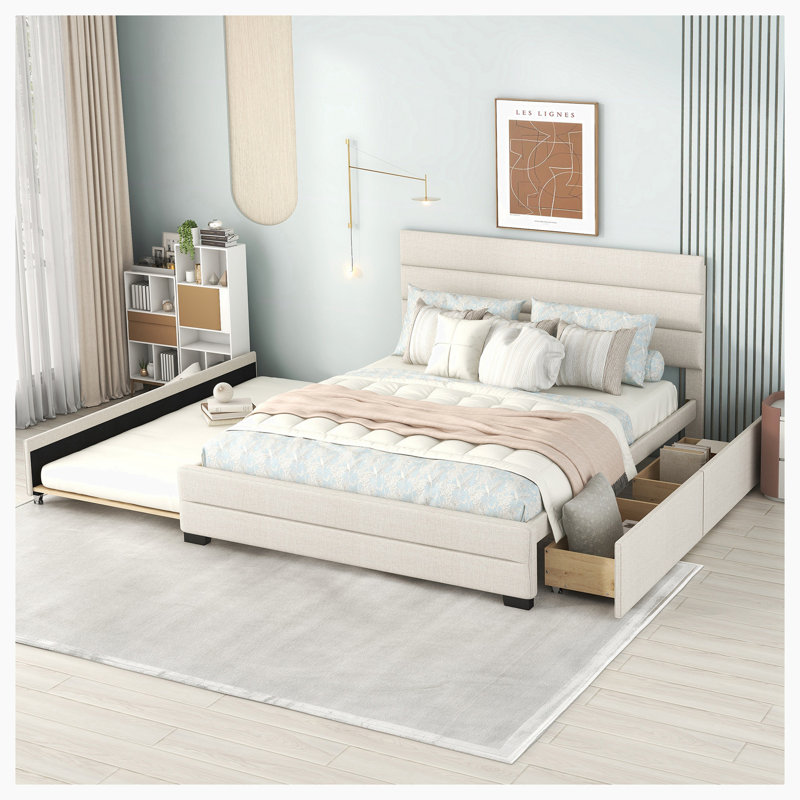 Ketilelf Kids Queen Platform with Trundle with Drawers, Beige