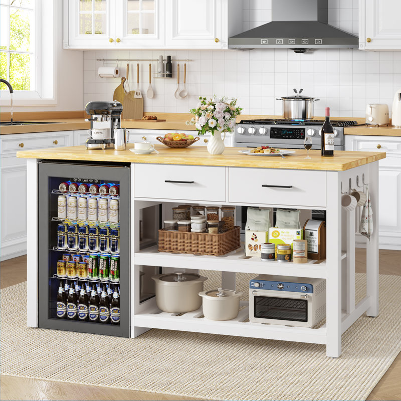 Armoire à café en bois massif avec espace réfrigérateur et prises de courant, armoire à vin avec 2 tiroirs pour le style maison de campagne, blanc