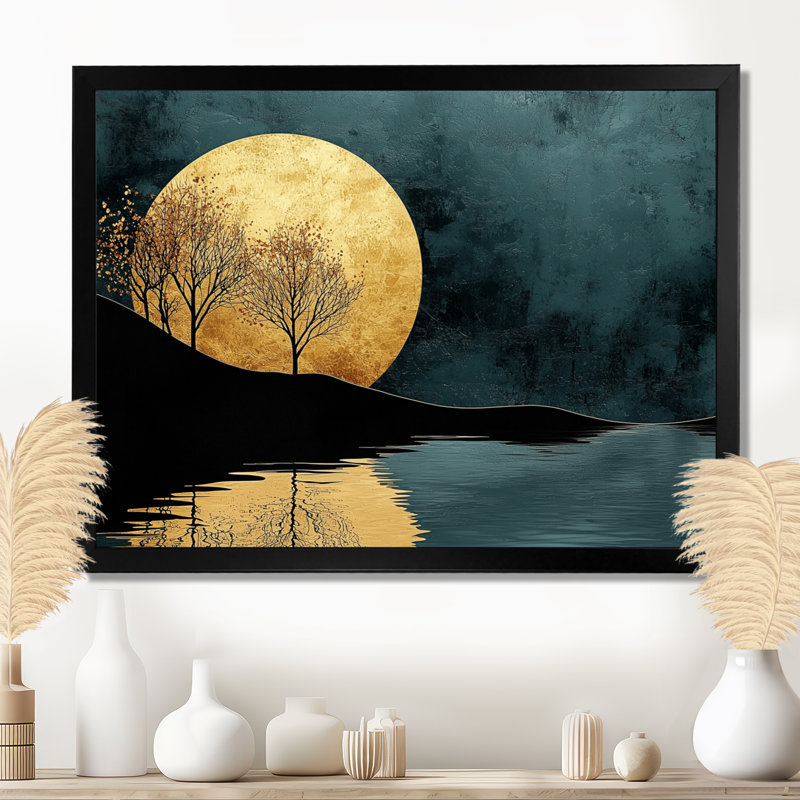 «Quiet Bold River In Emerald Gold Harmony I - Forest River Mountains, art mural, H 30 po x l 40 po, Picture Framed, Noir