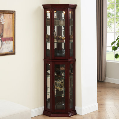 Adjustable Shelf Curio Show, Cherry, Lights, Mirrored Back Cabinet With Back, Unit