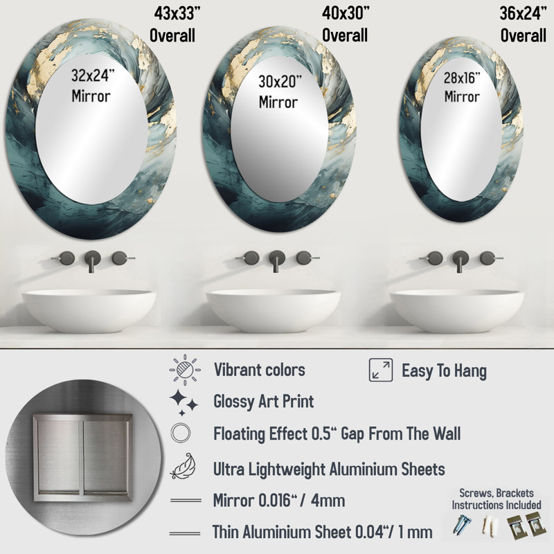 Gold And Grey Paint Spiral Whispers III - Gold Modern Oval Wall Mirror, 43" x 33"