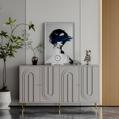 Buffet gris laqué gris à 4 portes avec tablettes, réglables, pour le salon, le vestibule, le couloir, le bureau, la cuisine et la salle à manger