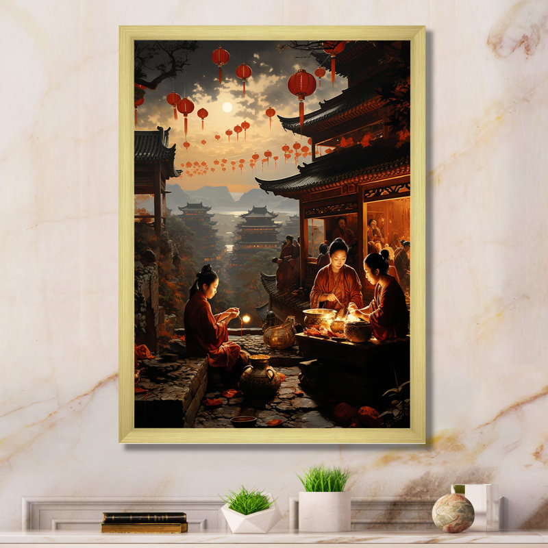 Chine, ancienne dynastie, paysage 3 - Art mural Chine, Cadre doré simple, H 20 po x l 12 po x P 1 po