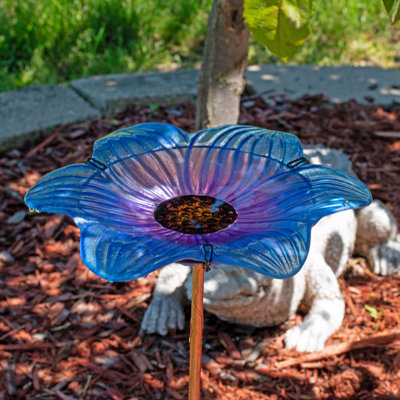 Bayview Staked or Deck Mount Glass Outdoor Bird Bath Bowl, Morning Glory