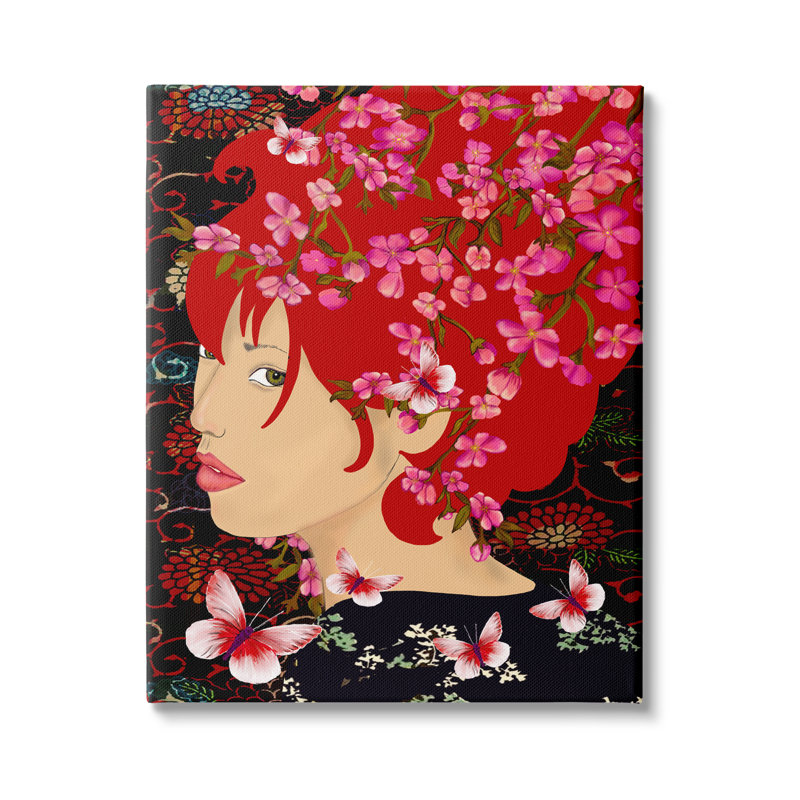 Motif abstrait de fleurs roses et de papillons féminins par Sangita Bachelet - impression, H 20 po x l 16 po x P 1,5 po