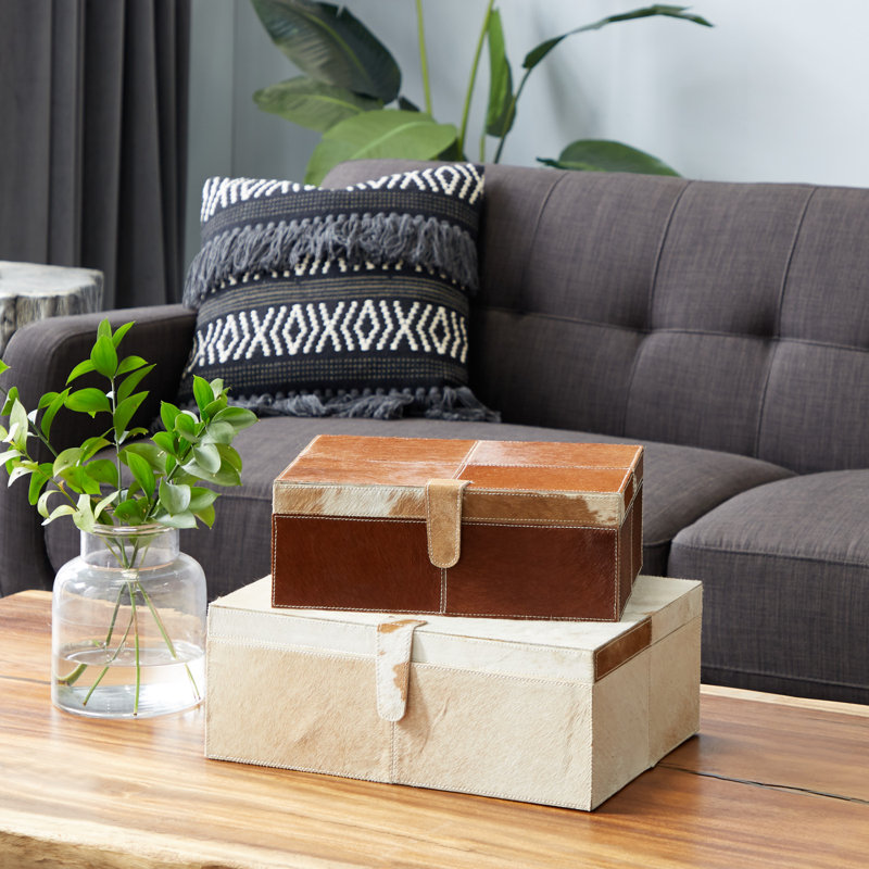 Georgine Natural Leather Hide and Wooden Decorative Box Set, Brown/White