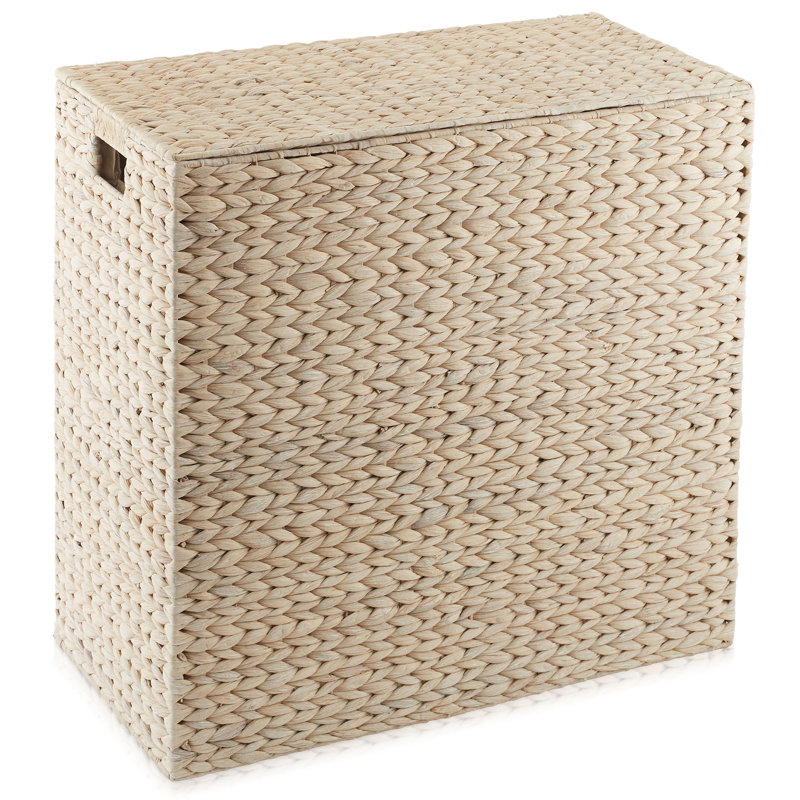2-Section Laundry Hamper Basket with Removable Liner Bags - Whitewash Hyacinth, Whitewash 