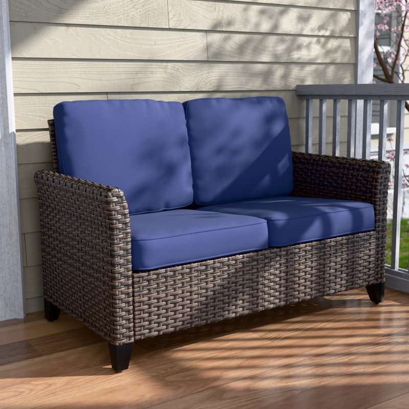 Powder Coated Black Steel Two-Seater Wicker Loveseat with Blue Cushions
