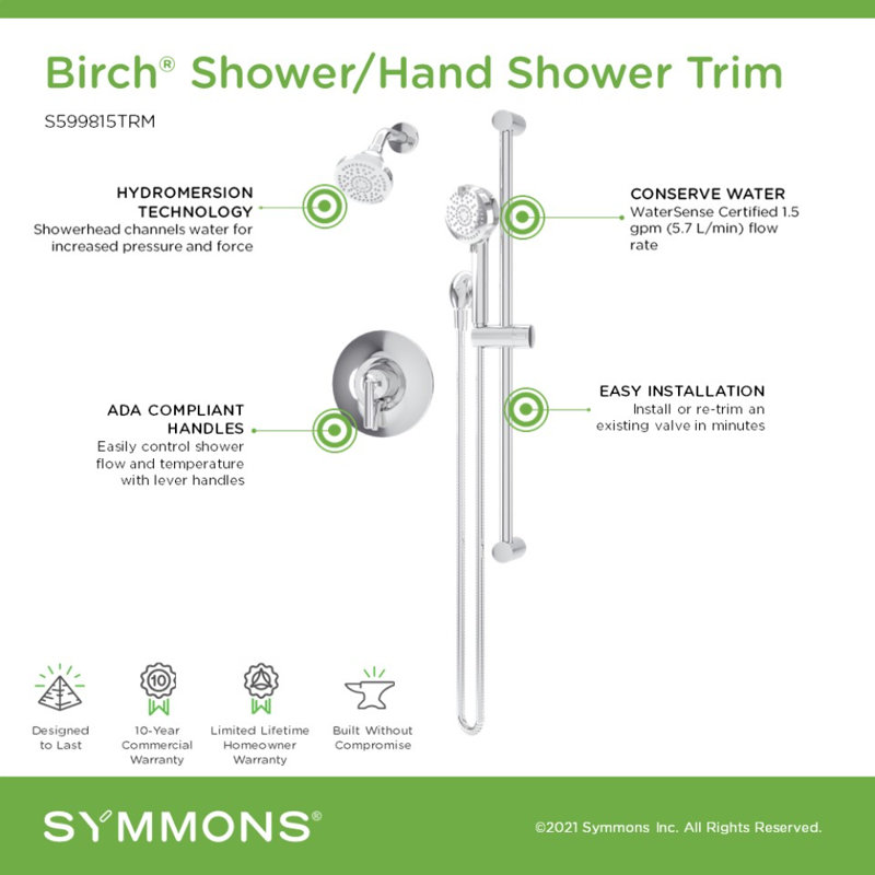 Ensemble de garniture de robinet de douche avec douchette Birch HydroMersion, Chrome poli