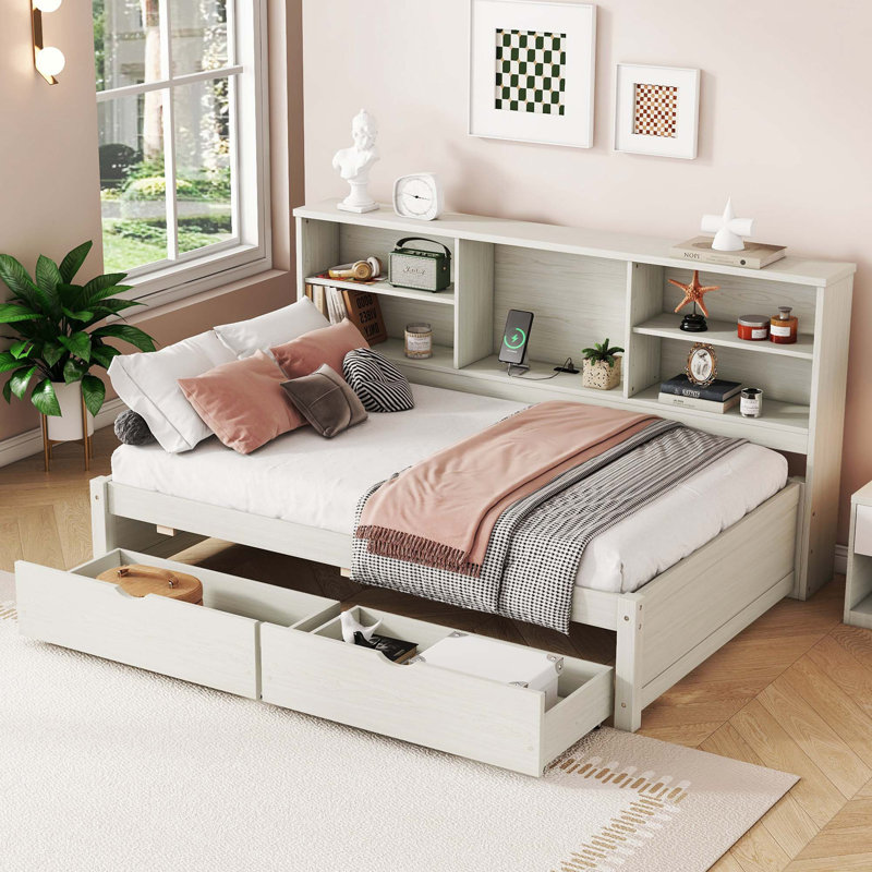Bed Frame With Side Bookshelves, Two Drawers, And Built-In USB Port, Creamy White