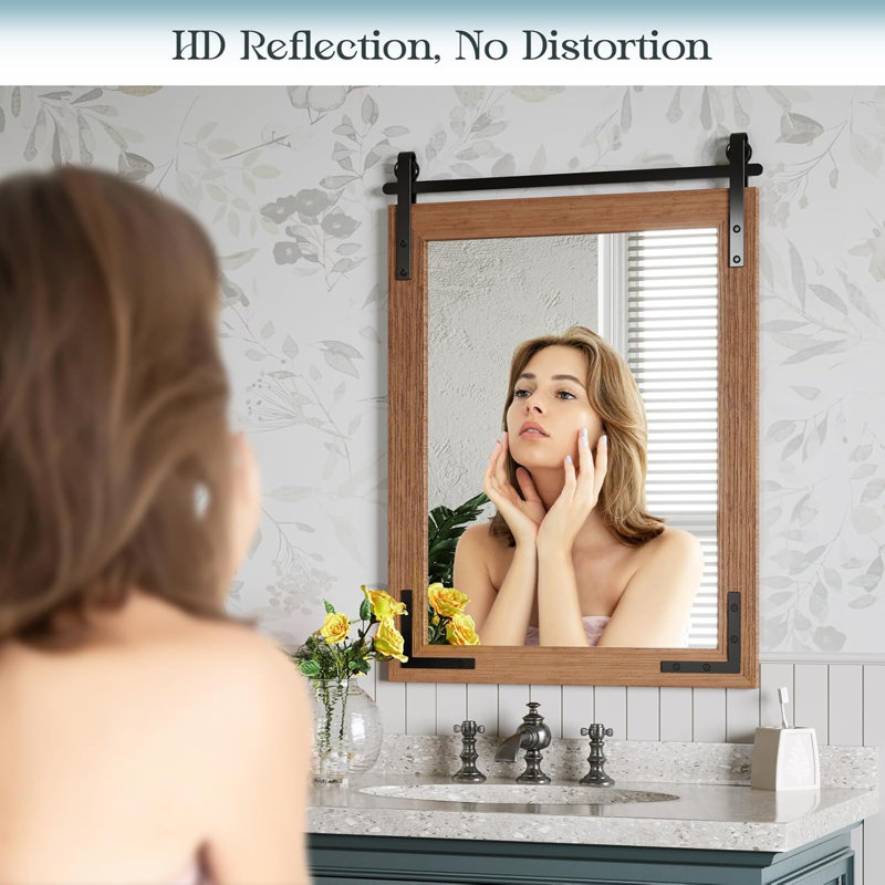 Brown Solid Wood Rectangular Farmhouse Mirror with Metal Accents