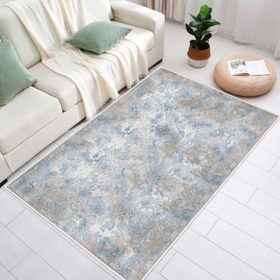 100% Cotton Area Rug, Blue & Grey (5.2 x 8.5 ft) | Antibacterial, Non-Slip PVC Underside, Machine Washable, Pile Height: 0.4 in, Total Thickness: 0.3 in | Perfect for Living Room, Bedroom, and Dining Spaces