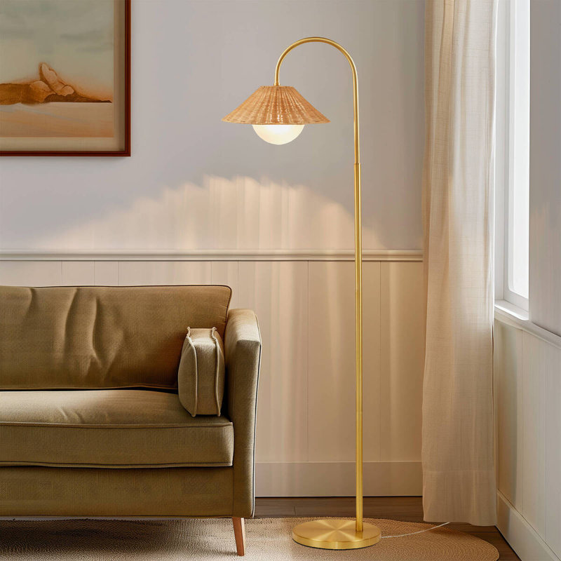 66" Rattan Weave Shade Floor Lamp With Gold Iron Frame, Frosted Globe, 4W LED Bulb Included, Clear Cord, UL Approved, Modern Lighting For Living Room & Bedroom