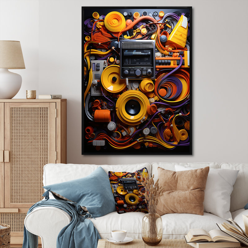 «Eclectic Musical Mosaic 1 - Jukeboxes», art mural, Cadre flottant noir, H 40 po x l 30 po x P 1,5 po