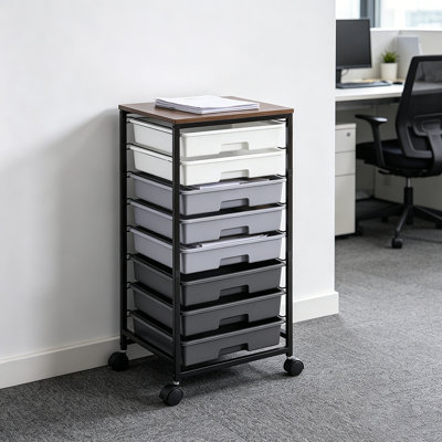 Chariot de rangement roulant avec tiroirs et plateau de table en bois, armoire de rangement de bureau