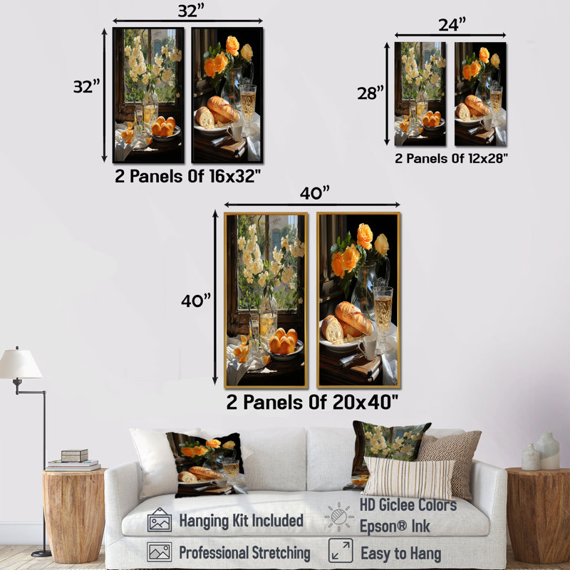 Sunrise Elegance - ensemble d'art mural sur toile Petit déjeuner, ensemble de 2, H 28 po x l 25 po, Cadre flottant noir