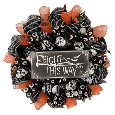 Couronne d'Halloween « Frayeur par ici » faite à la main, 71 cm (28 po)