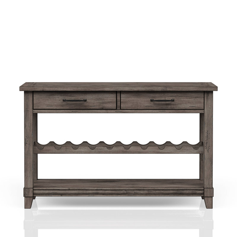 Console en bois massif et gris avec bouteille de vin et boîte de rangement rustique