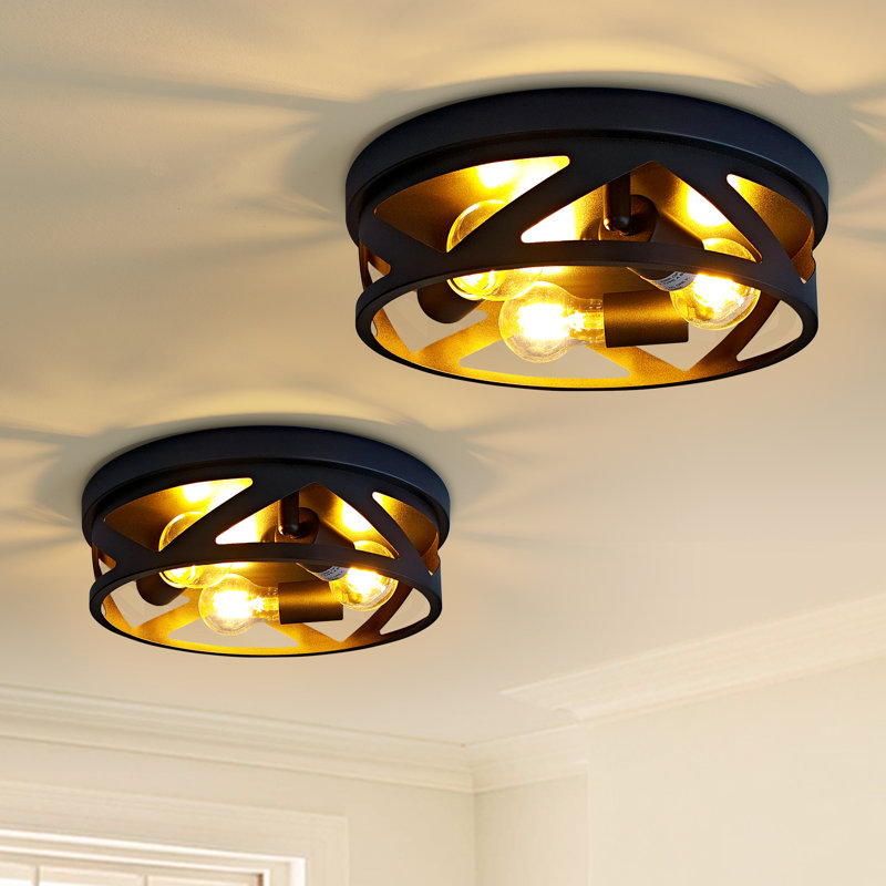 13'' Industrial Flush Mount Ceiling Light, Matte Black Metal Ceiling Fixture For Porch & Kitchen (Set of 2), 3 Lights