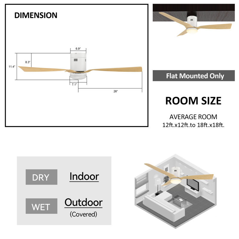 Ventilateur de plafond intelligent à courant continu de 52 pouces avec lumière, tige et télécommande