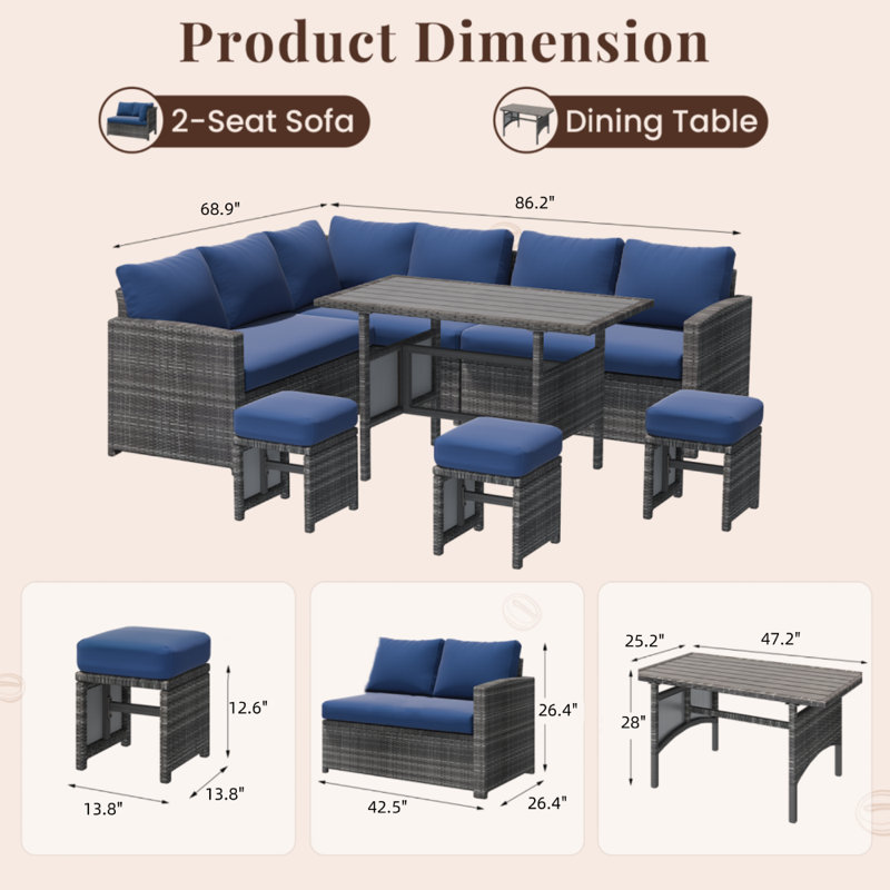 Hinesville 7 Piece Rattan Lounge Dining with Cushions, Grey Frame/Dark Blue Cushion